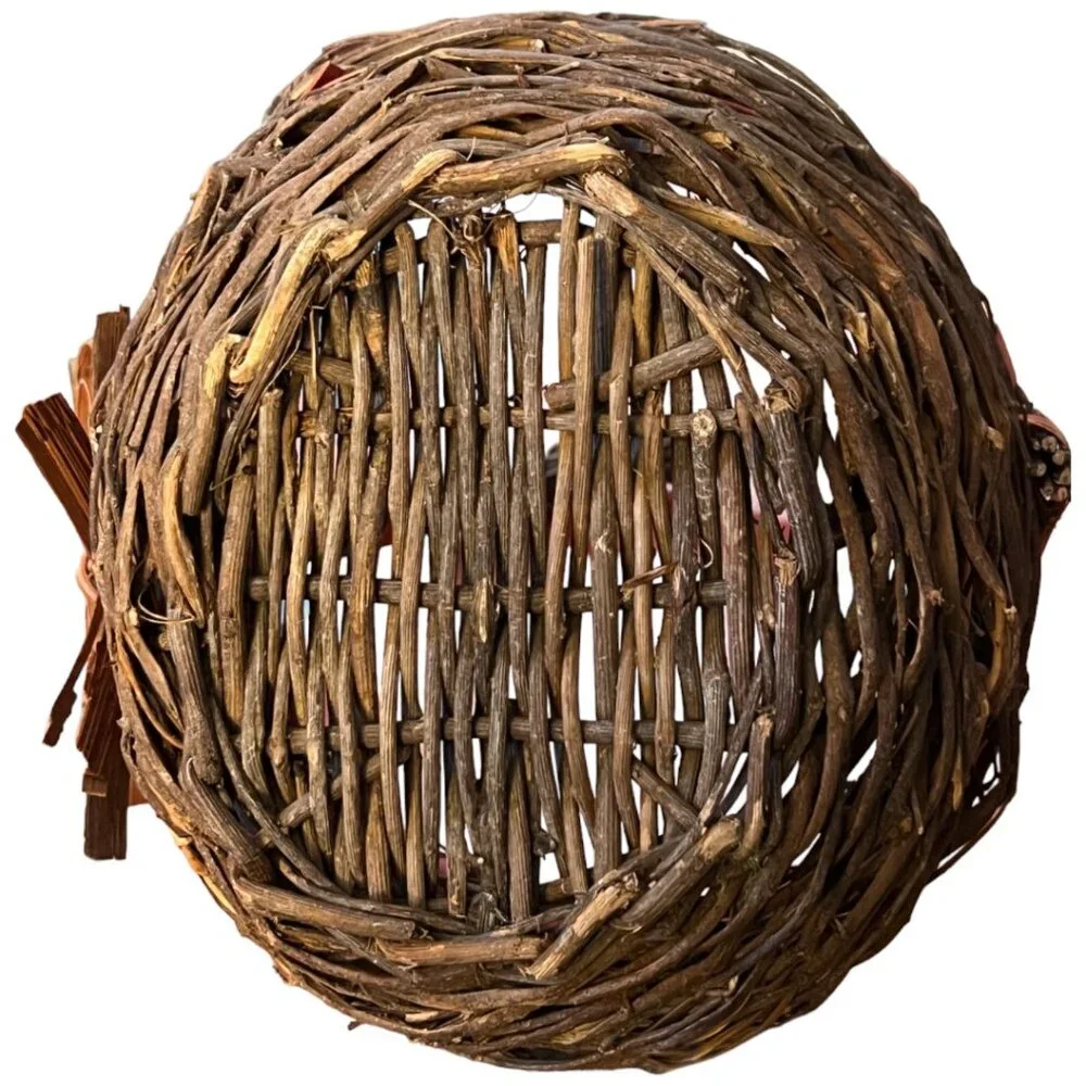 Vtg Shabby Chic Rustic Brown Oval Basket Sticks Twigs Fiber Bow & 